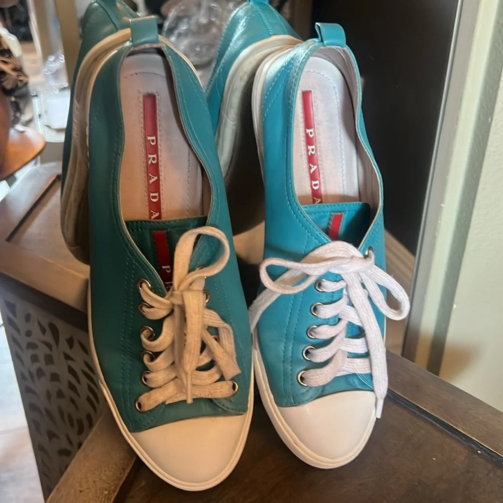 Prada Sneakers, EU 37, leather turquoise w/ white rubber